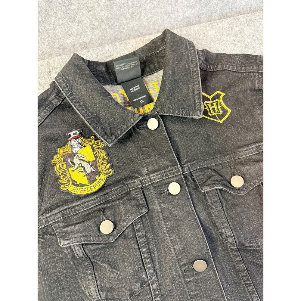 Official Harry Potter Hufflepuff Black Denim Jacket Large Women's Spellout - Picture 2 of 7